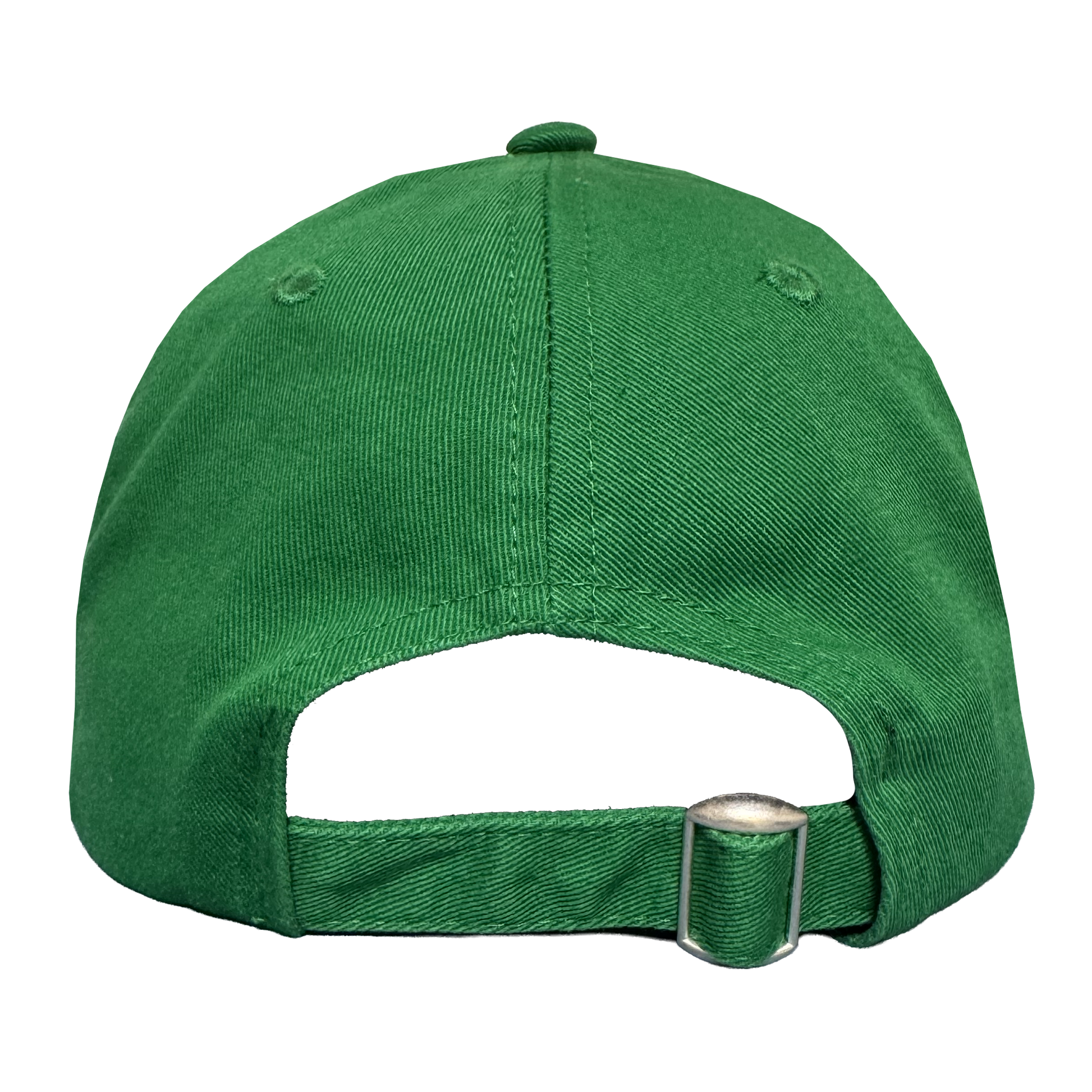 The Oakland Ballers Dad Hat, by Oakland Ballers, is a green cap shown from the back with an adjustable strap and silver buckle. Its simple design features visible stitching, a top button, and is set against a white background.