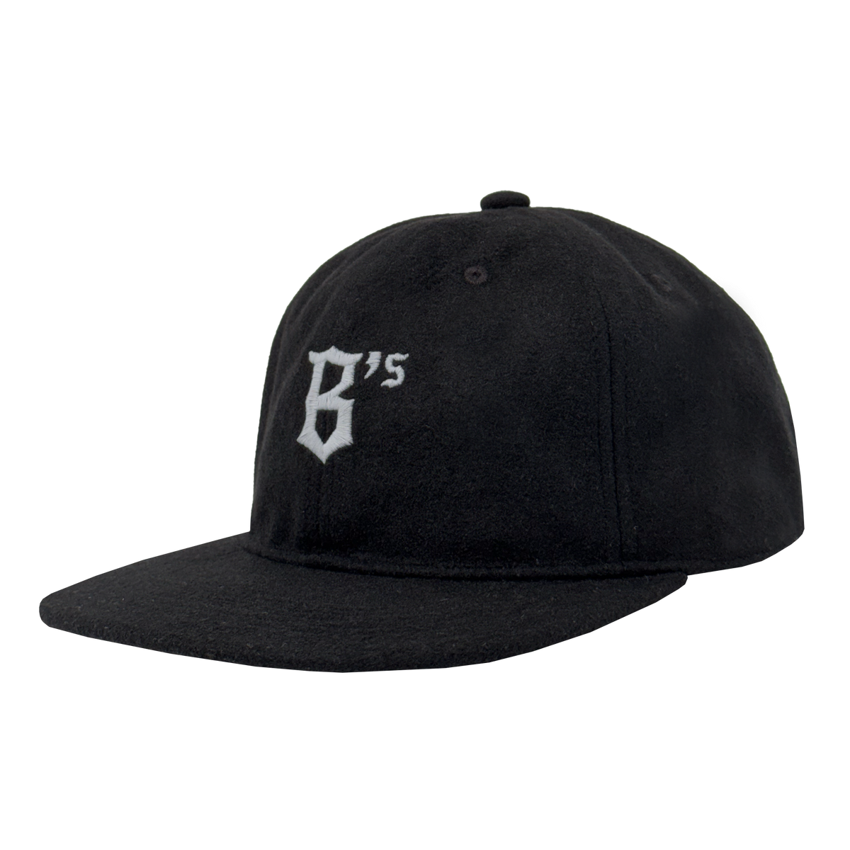 The Oakland Ballers B Strapback is a black flat-brim hat with "B's" in white old English font embroidered on the front, adjustable strapback, top button, and visible stitching. Brand: Oakland Ballers.