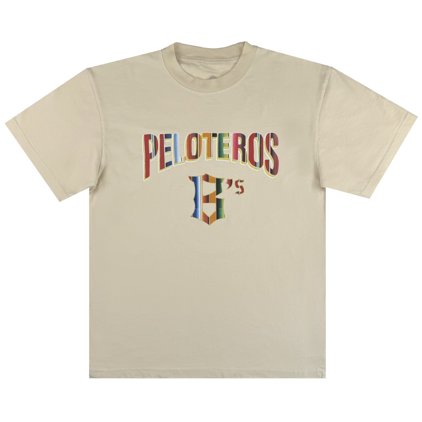 The Oakland Beisbol Tee by Oakland Ballers features "PELOTEROS" in bold, multicolored letters on a beige short-sleeve shirt, with a stylized “H’s” logo beneath—ideal for Pioneer League and Oakland Ballers fans.