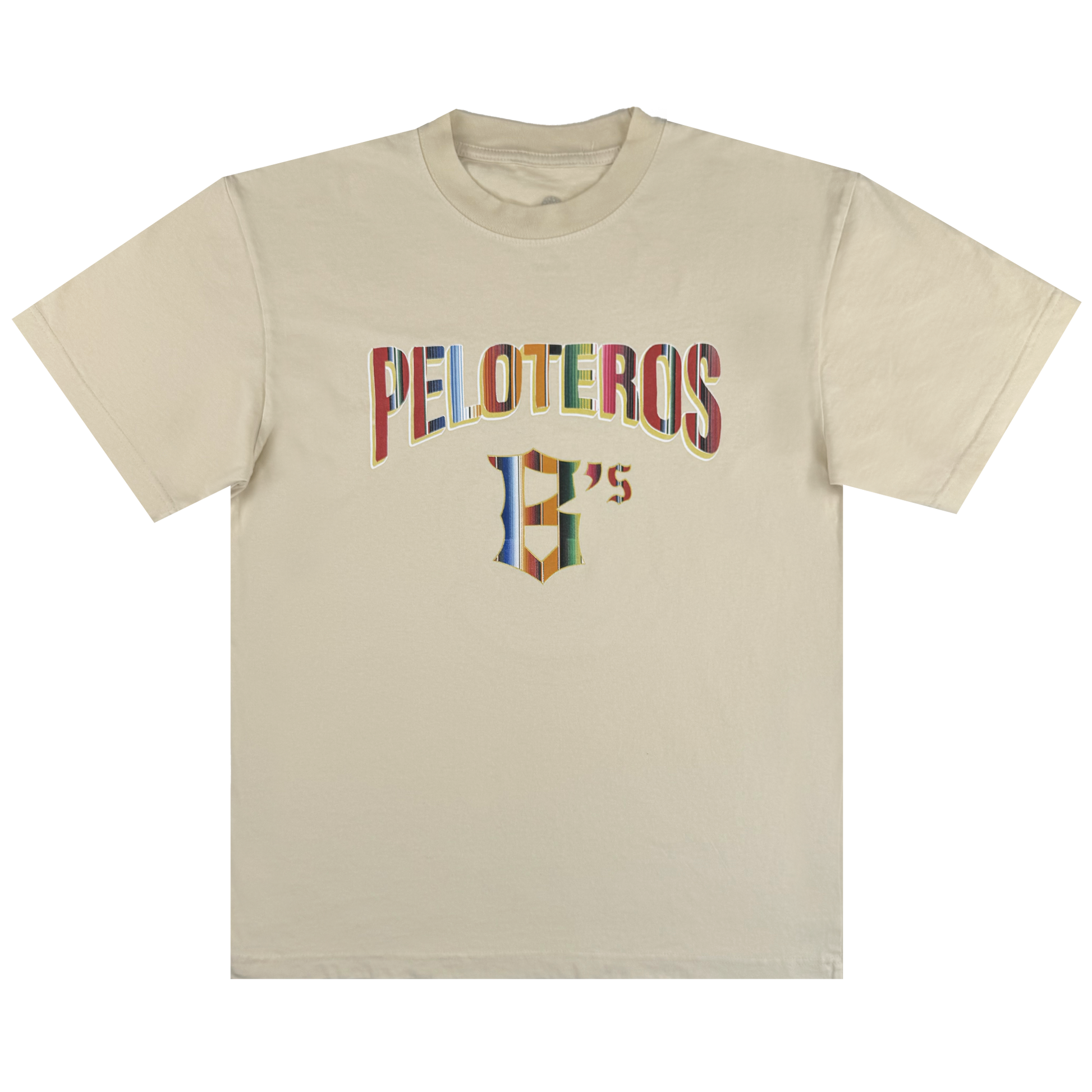The Oakland Beisbol Tee by Oakland Ballers features "PELOTEROS" in bold, multicolored letters on a beige short-sleeve shirt, with a stylized “H’s” logo beneath—ideal for Pioneer League and Oakland Ballers fans.